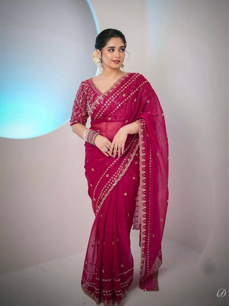 Joban Fashion Red Fandy Satin Silk Party Wear Sarees
