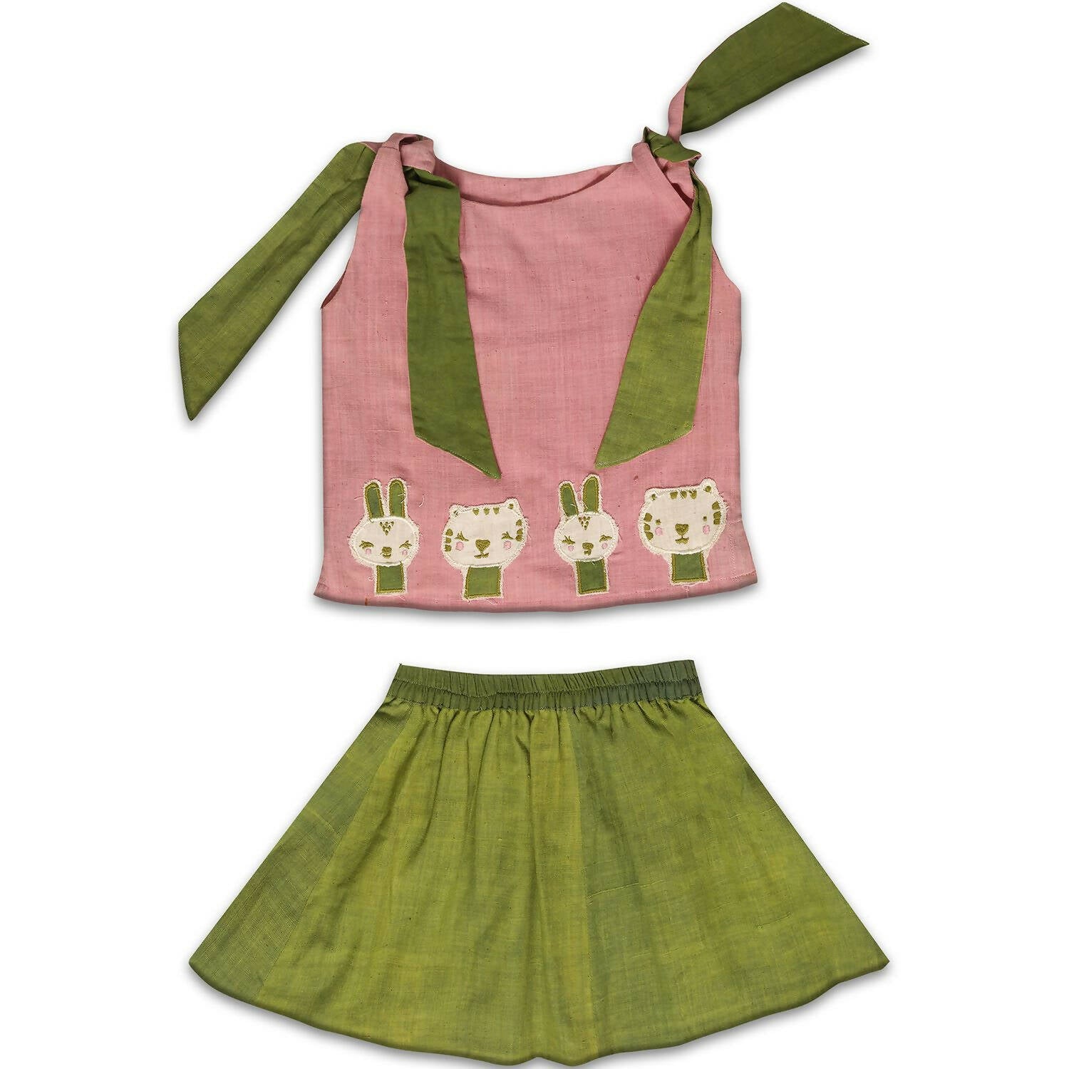 Mhyssa Pink Tie up Round Neck Patch Tee with Circular Skirt Set