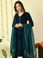 Myshka Women's Teal Velvet Kurta & Trousers With Dupatta Party Sets
