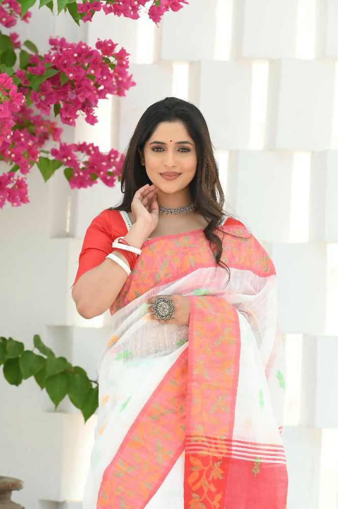 Beatitude White Slub Cotton Floral Jamdani Saree