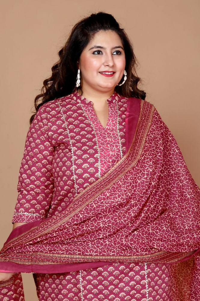 Miravan Women Plus Size Pink Straight Floral Printed Kurta & Palazzo With Dupatta - Distacart