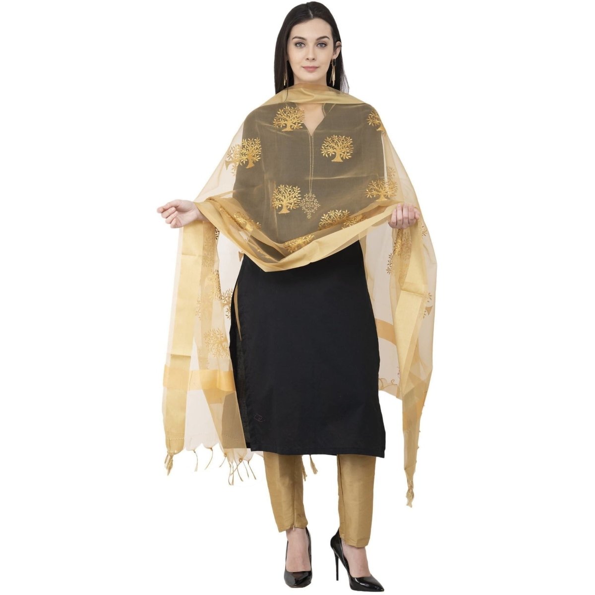 A R SILK Tissue Zari Embroidery Golden Zari Embroidery Golden Color Dupatta or Chunni