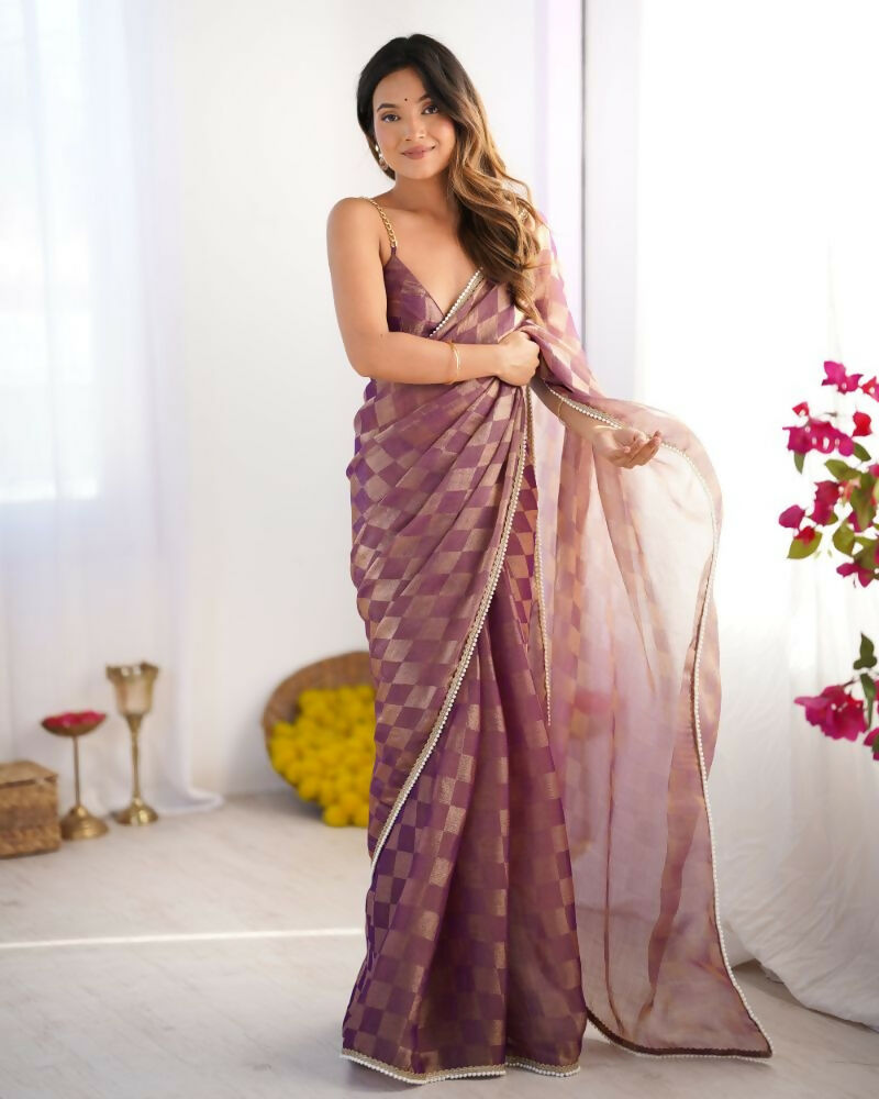 NC Chiffon Chex Wevon Chex Designer, Lace Party Wear Saree - Purple