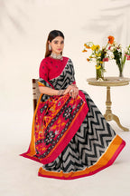 Vastranavya Black Tussar Silk Zigzag Waves Printed Saree with Unstitched Blouse - Distacart