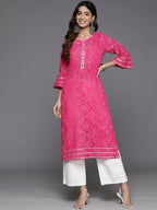 Ahalyaa Women Beige Floral Printed Regular Gotta Patti Kurta - Pink