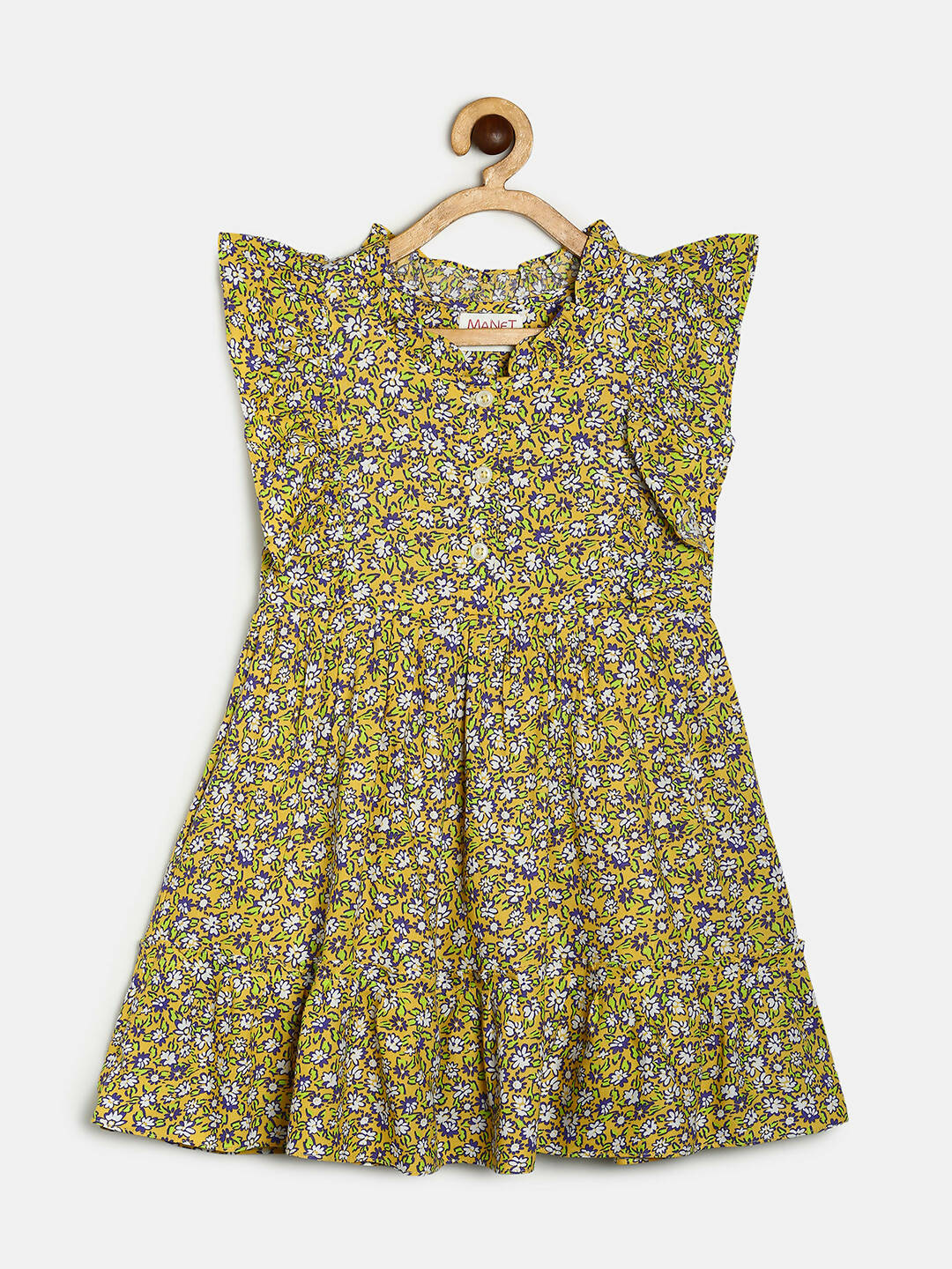 Manet Girls Cotton Frill Sleeve Frock Flower Print - Mustard Yellow