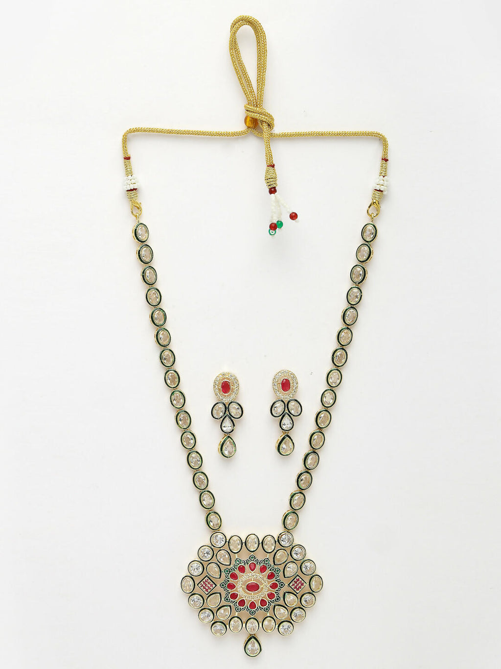 NVR Women's Red & Gold Kundan Studded Handcrafted Jewellery Set