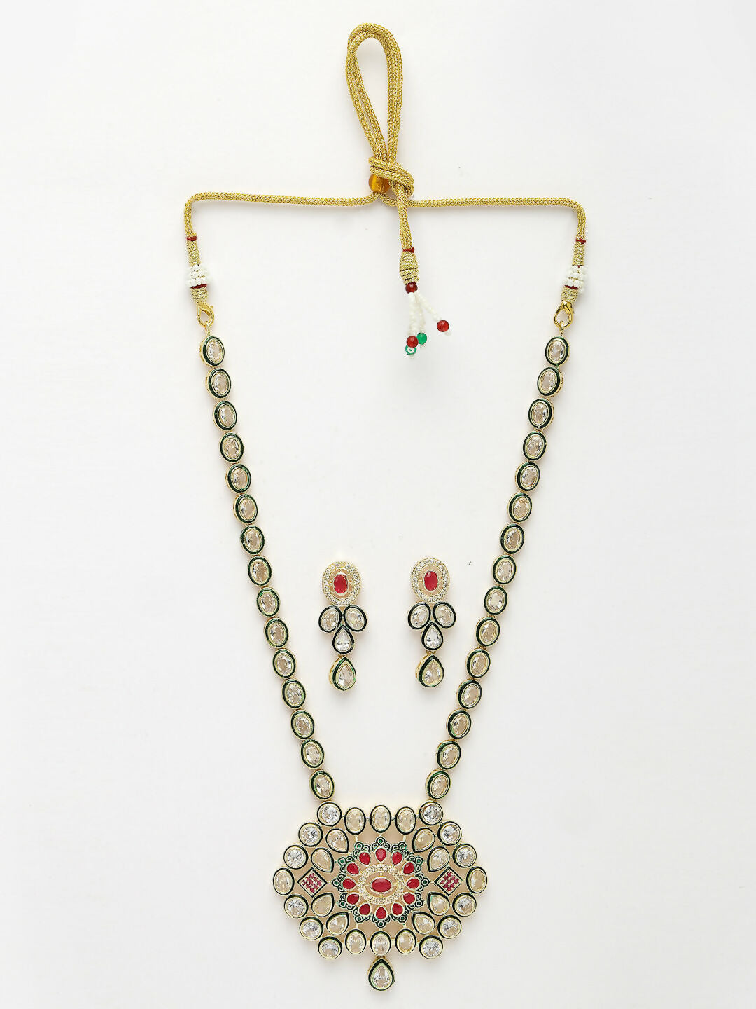 NVR Women's Red & Gold Kundan Studded Handcrafted Jewellery Set