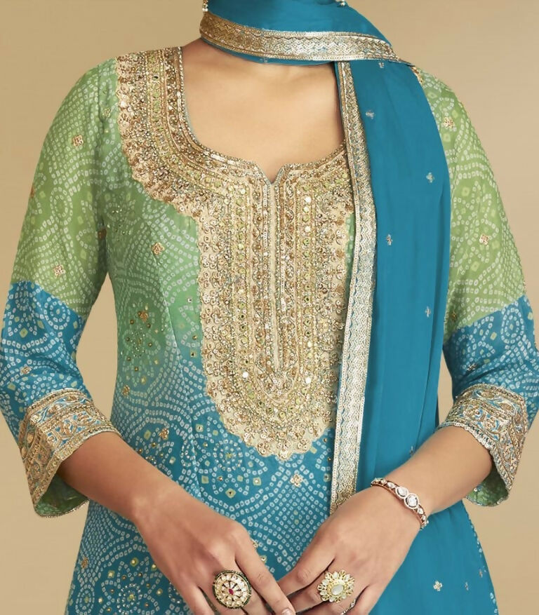 Vastranavya Bandhej Printed Chinon Chiffon Embroidered Sequins Pakistani Suit