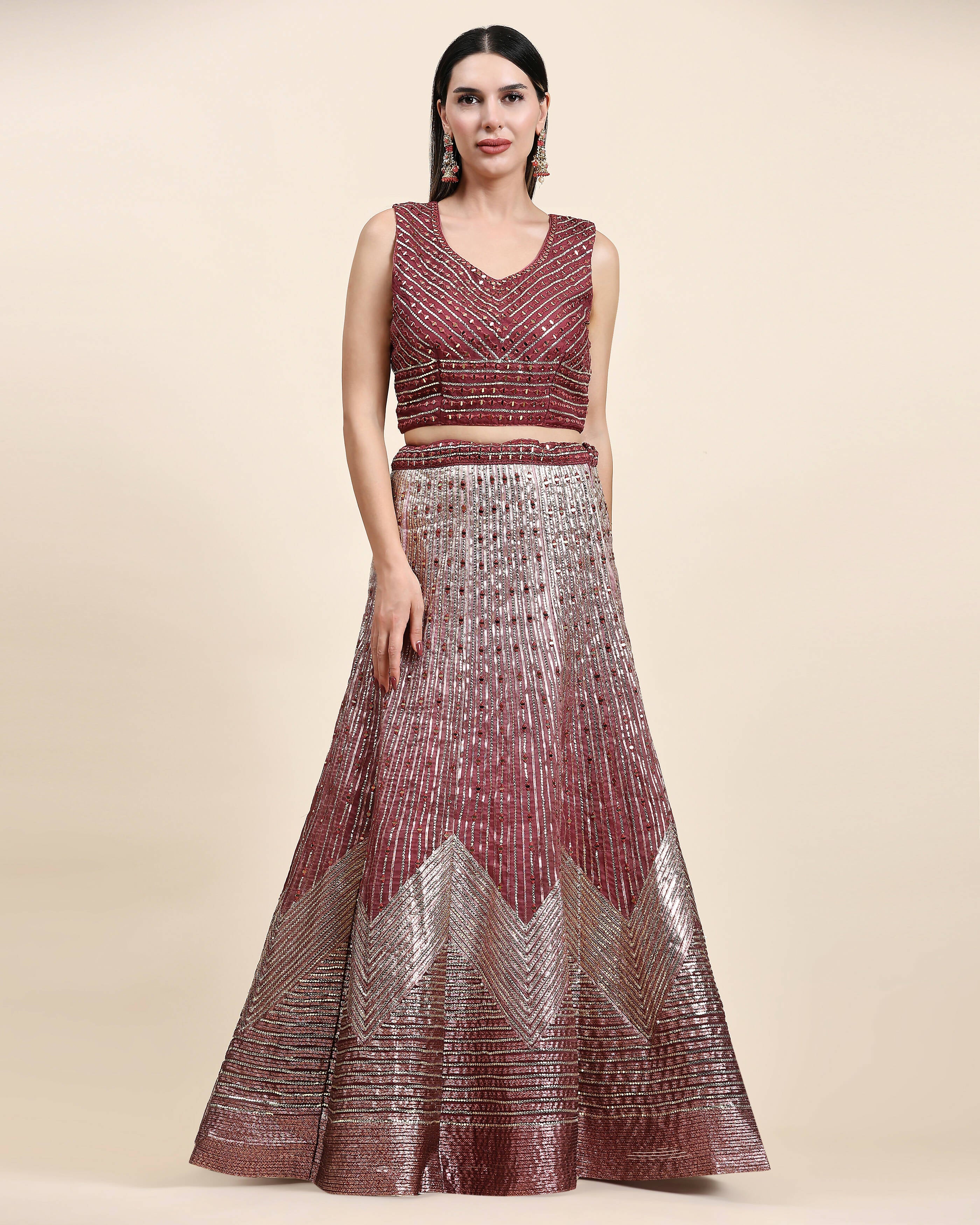 Maroon Organza Mirror With Coding Work Lehenga Choli with Dupatta - Tanya