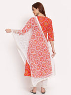 Myshka Women's Orange Printed Cotton 3/4 Sleeve Round Neck Casual Kurta Pant Dupatta Set