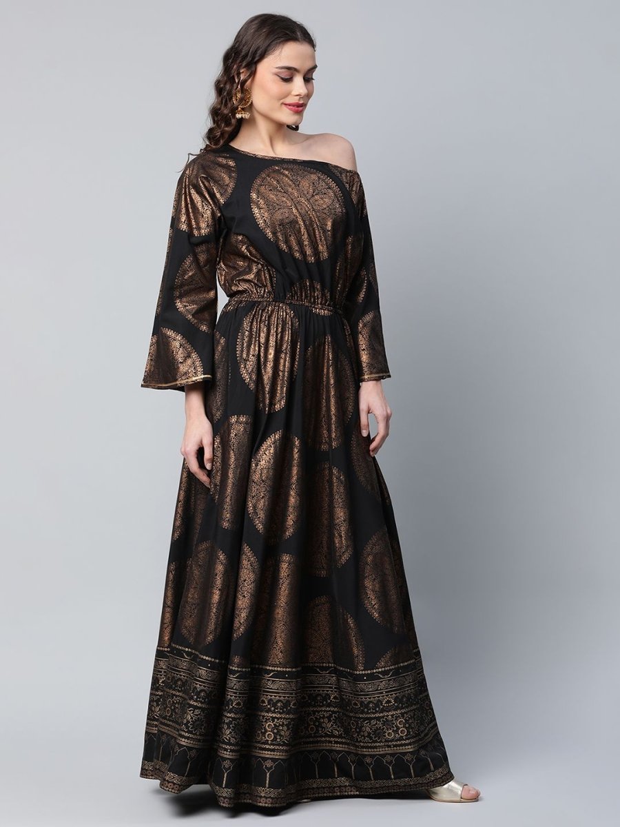 Ahalyaa Womens Black Crepe Copper Foil Printed Maxi Dress - Distacart
