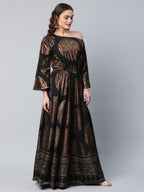 Ahalyaa Womens Black Crepe Copper Foil Printed Maxi Dress - Distacart
