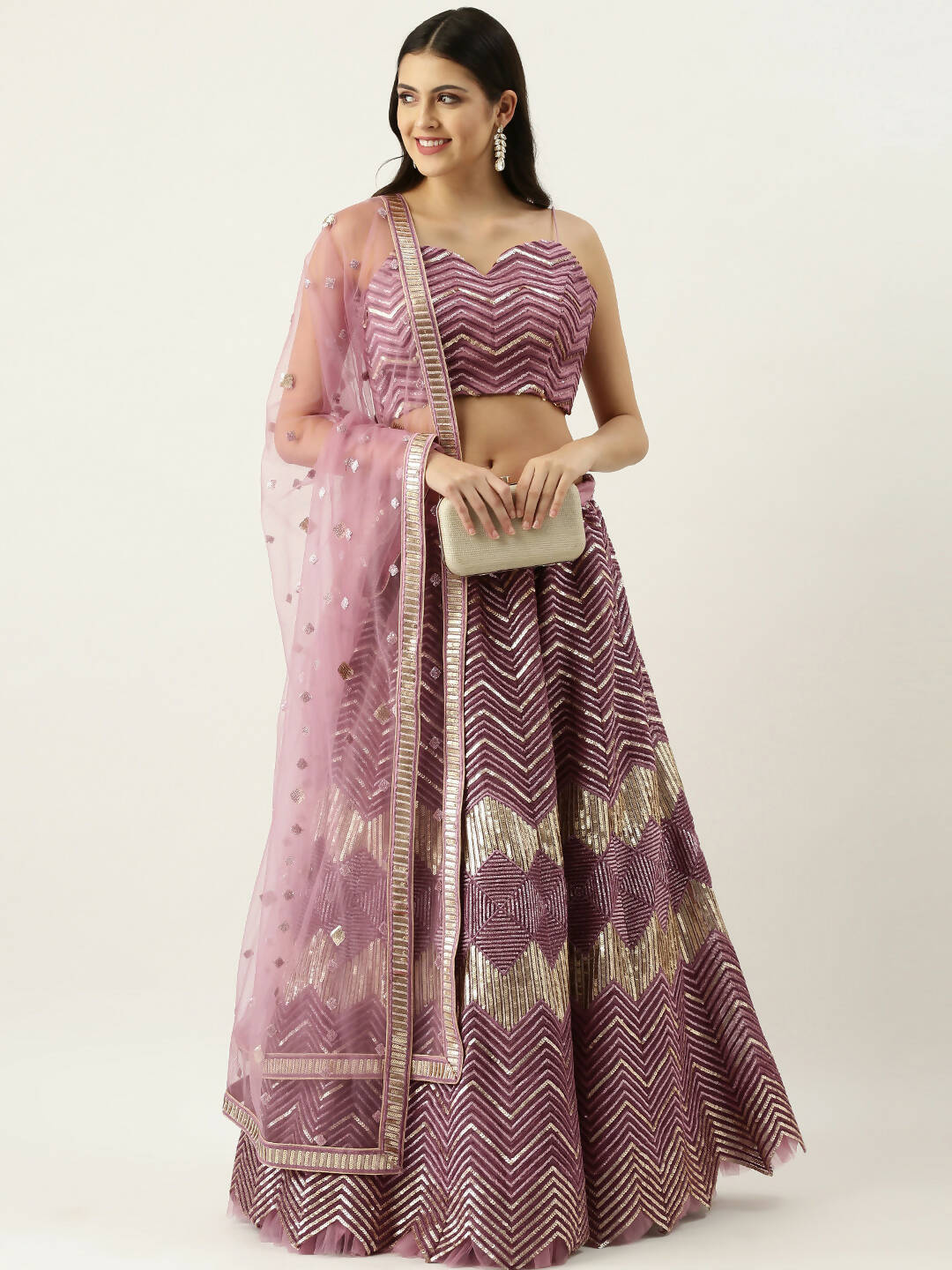 House of Panchhi Lavender - Net Embroidered Lehenga with Zig-Zag Pattern