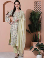 Jyoti Fashion Women's Green Cotton Floral Digital Printed Kurta with Trouser & Dupatta