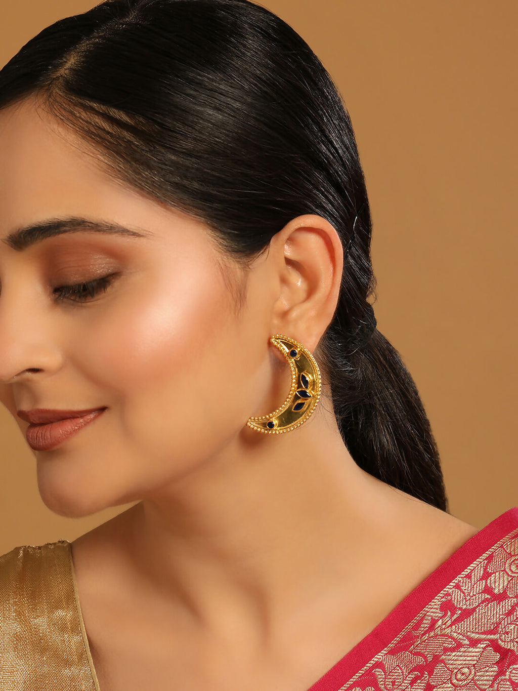 Nuyug 22K Gold-Plated Stone Studded Crescent Shaped Stud Earrings - Distacart