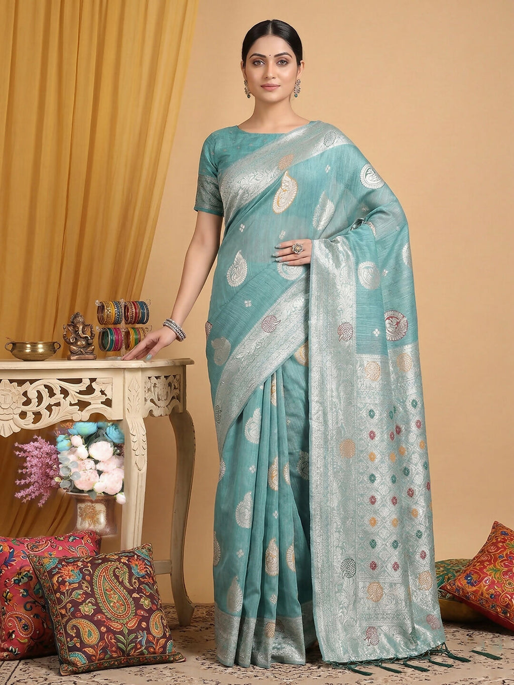 Shree Shyam Fashion Sea Green Linen Cotton Saree - Distacart