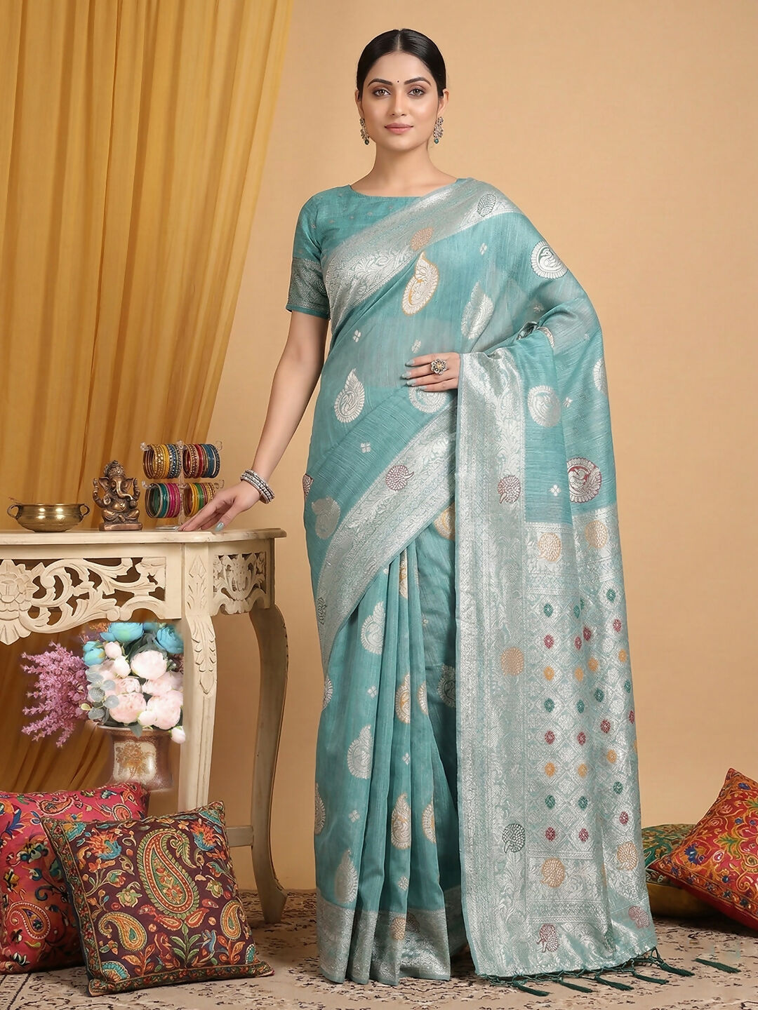 Shree Shyam Fashion Sea Green Linen Cotton Saree - Distacart