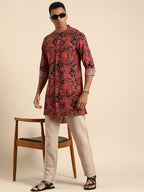 Red & Black Men pure Cotton Floral Printed Straight Kurta - Mahotsav
