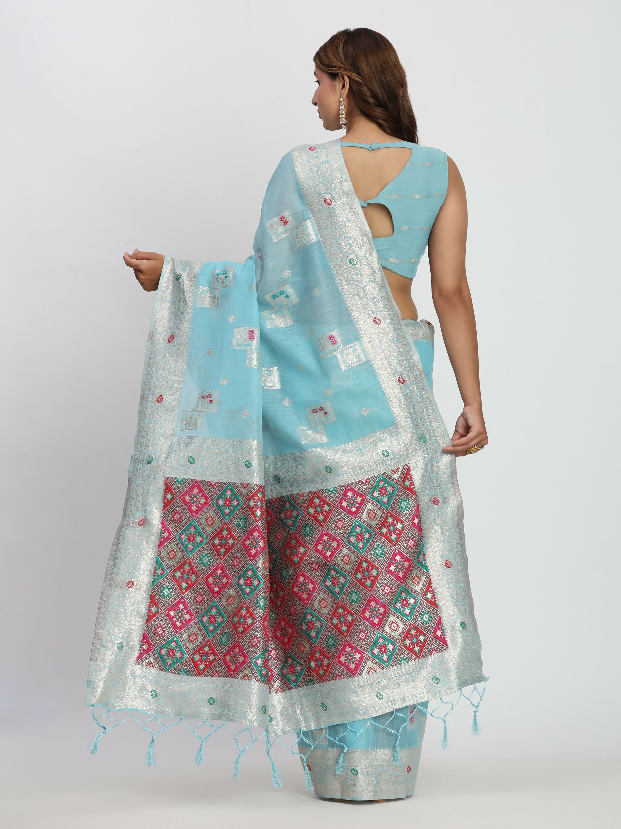 Shree Shyam Fashion Linen Cotton Sky Blue Saree - Distacart