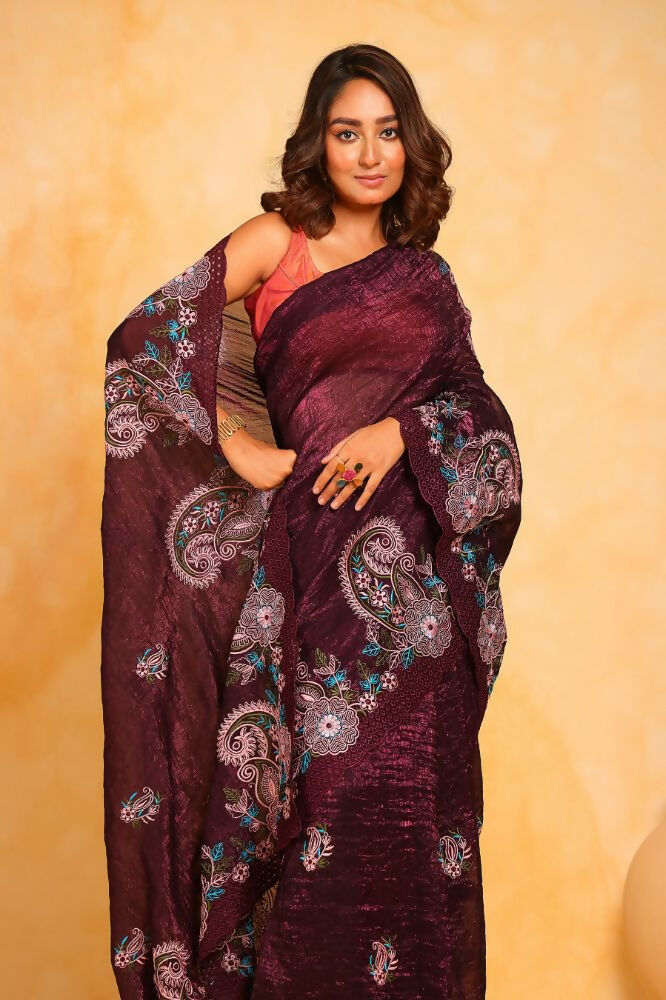 Vamsee Suhanisha Wine Korean Shimmer Silk Saree
