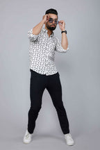 Miravan Men's White Spread Collar Bird Print Casual Shirt