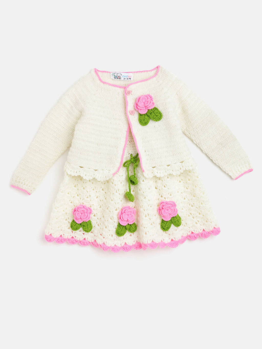 Chutput Kids Woollen Hand Knitted Full Sleeves Cardigan With Short Sleeves Flower Work Dress For Baby Girls - Cream