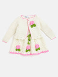 Chutput Kids Woollen Hand Knitted Full Sleeves Cardigan With Short Sleeves Flower Work Dress For Baby Girls - Cream