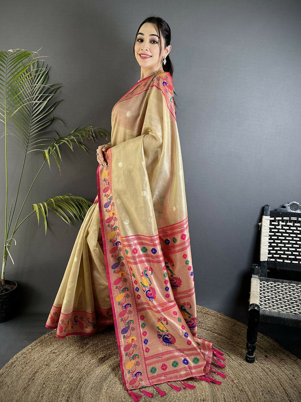 Joban Fashion Beige Zari Weaving Tissue Paithani Saree