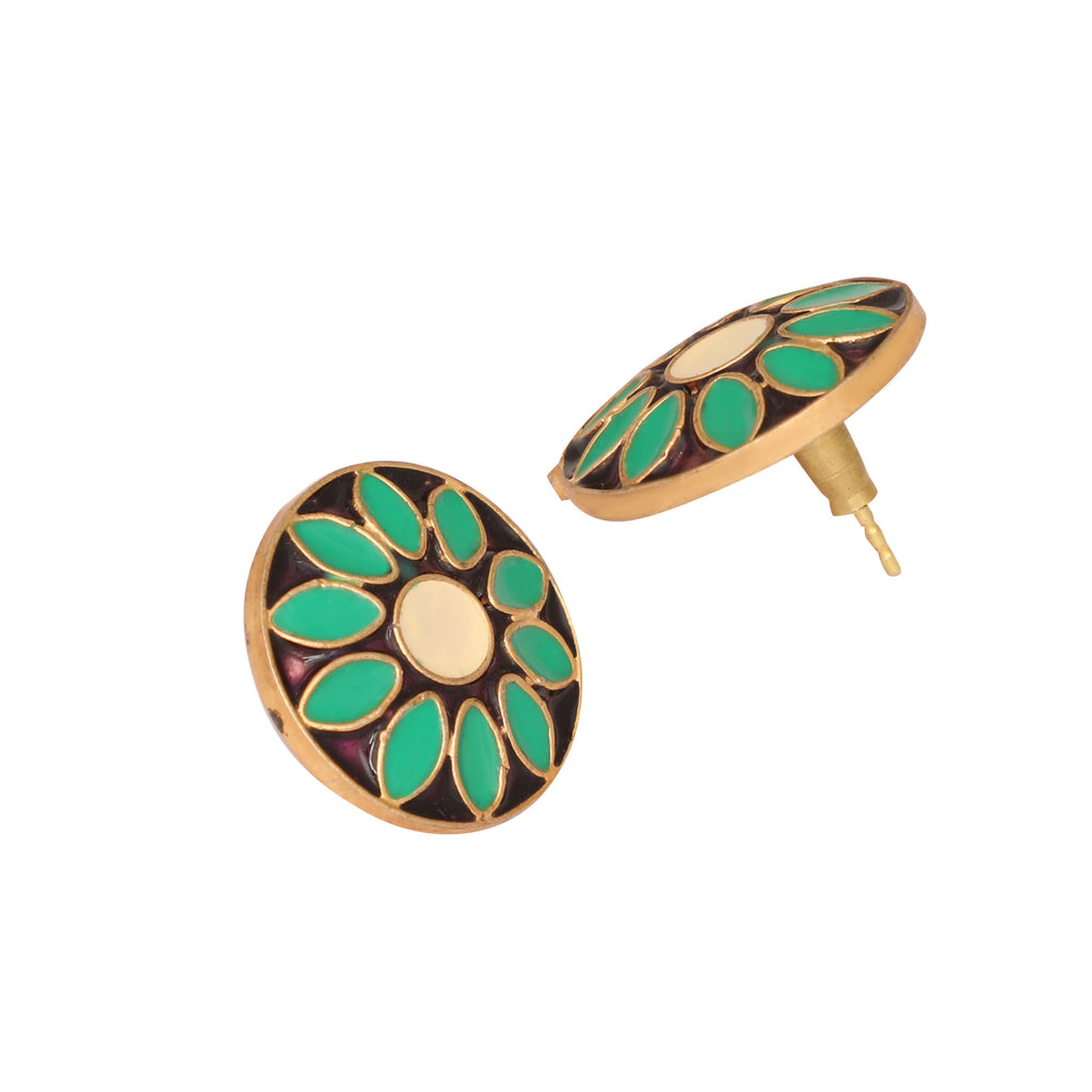 Nuyug 22K Gold Plated Circular Shaped Sea Green Enamelled Floral Motif Studs - Distacart