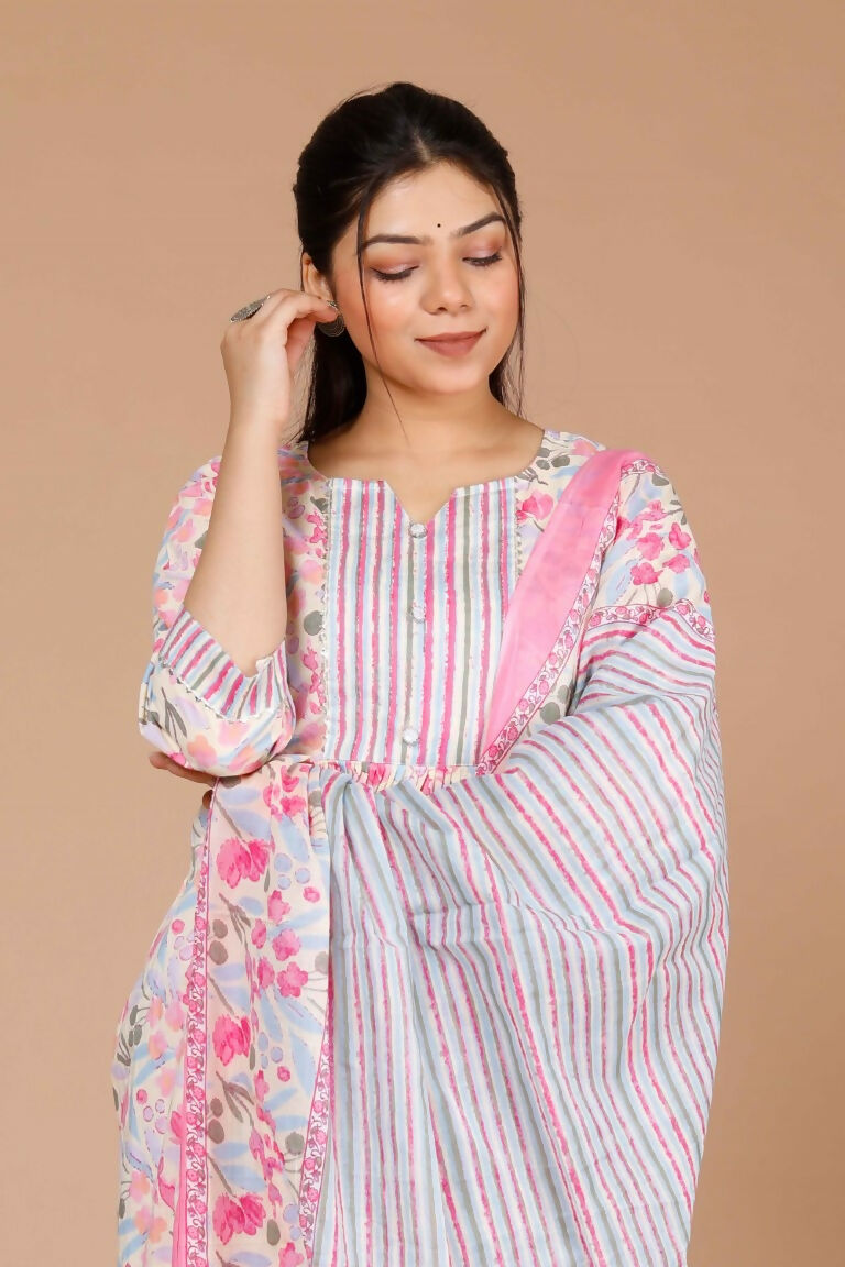 Miravan Women's Cotton Pink Floral Printed Straight Kurta Palazzo With Dupatta
