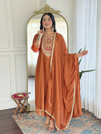 The52 Rust Women's Gorgeous Embroidered Vichitra Silk Fabric Flared Kurta, Pant and Dupatta Set - Distacart