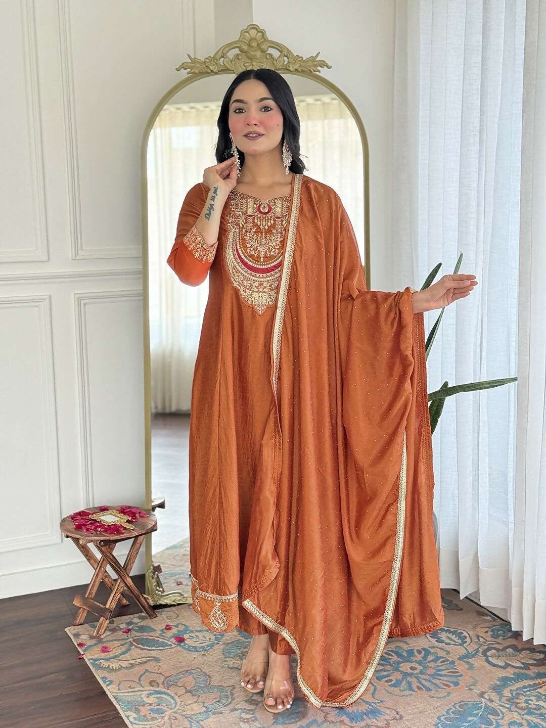 The52 Rust Women's Gorgeous Embroidered Vichitra Silk Fabric Flared Kurta, Pant and Dupatta Set - Distacart