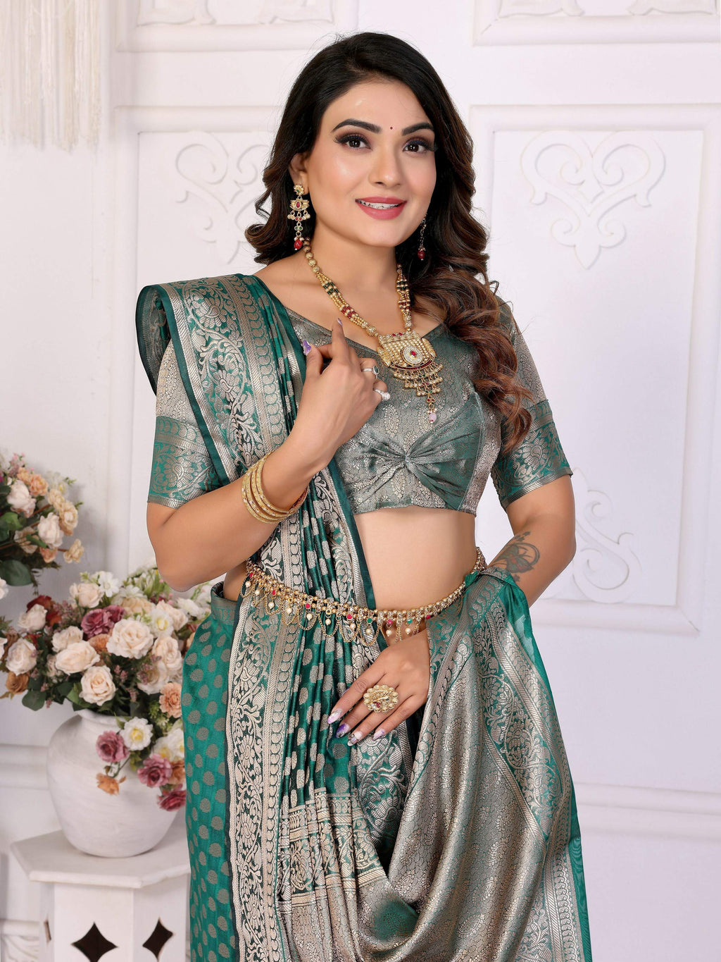 Aastha Fashion Green Organza Silk Weaving Saree - Distacart