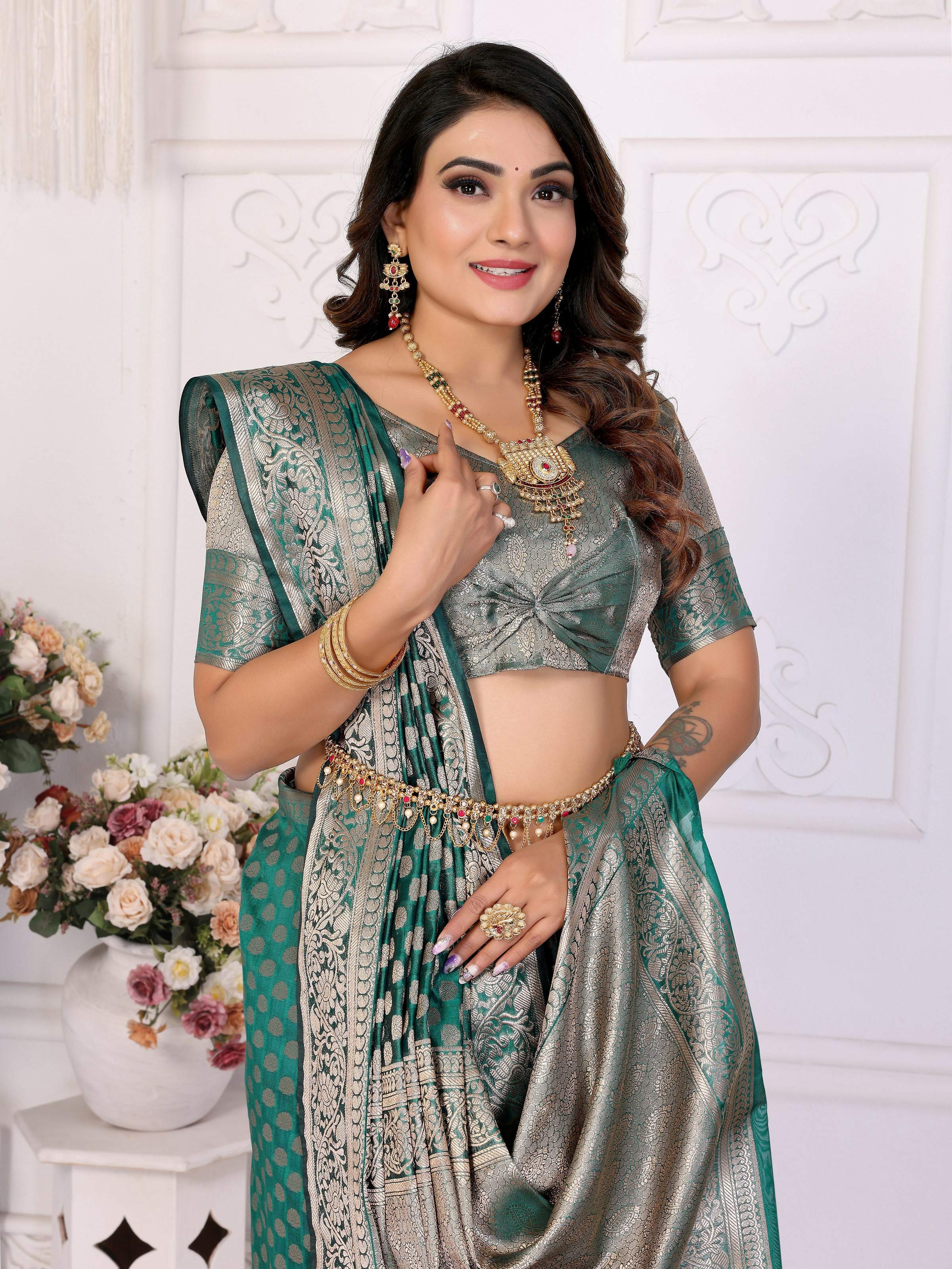 Aastha Fashion Green Organza Silk Weaving Saree - Distacart