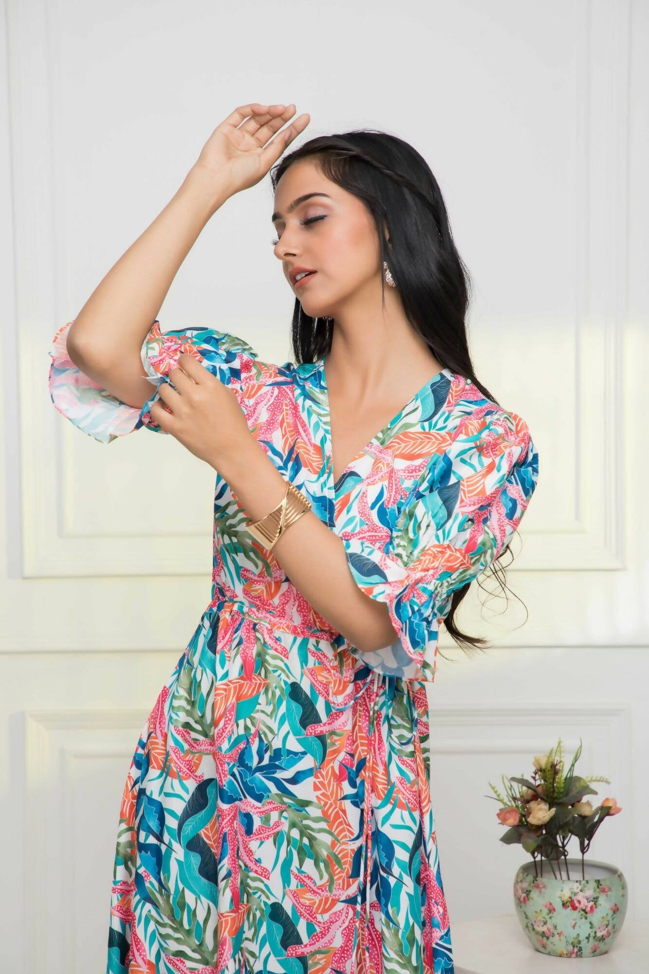 Myshka Women Multi Floral Polyester A-Line V-Neck Dress - Distacart