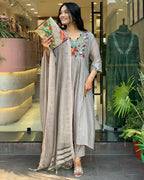 The52 Grey Women's Gorgeous Chinon Viscose Fabric Embroidered Work Straight Kurta Pant and Dupatta Set - Distacart