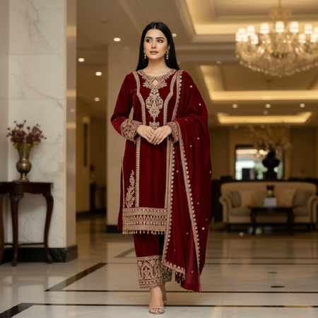 Joban Fashion Maroon Velvet Embroidery Sequence Work Readymade Kurta Set