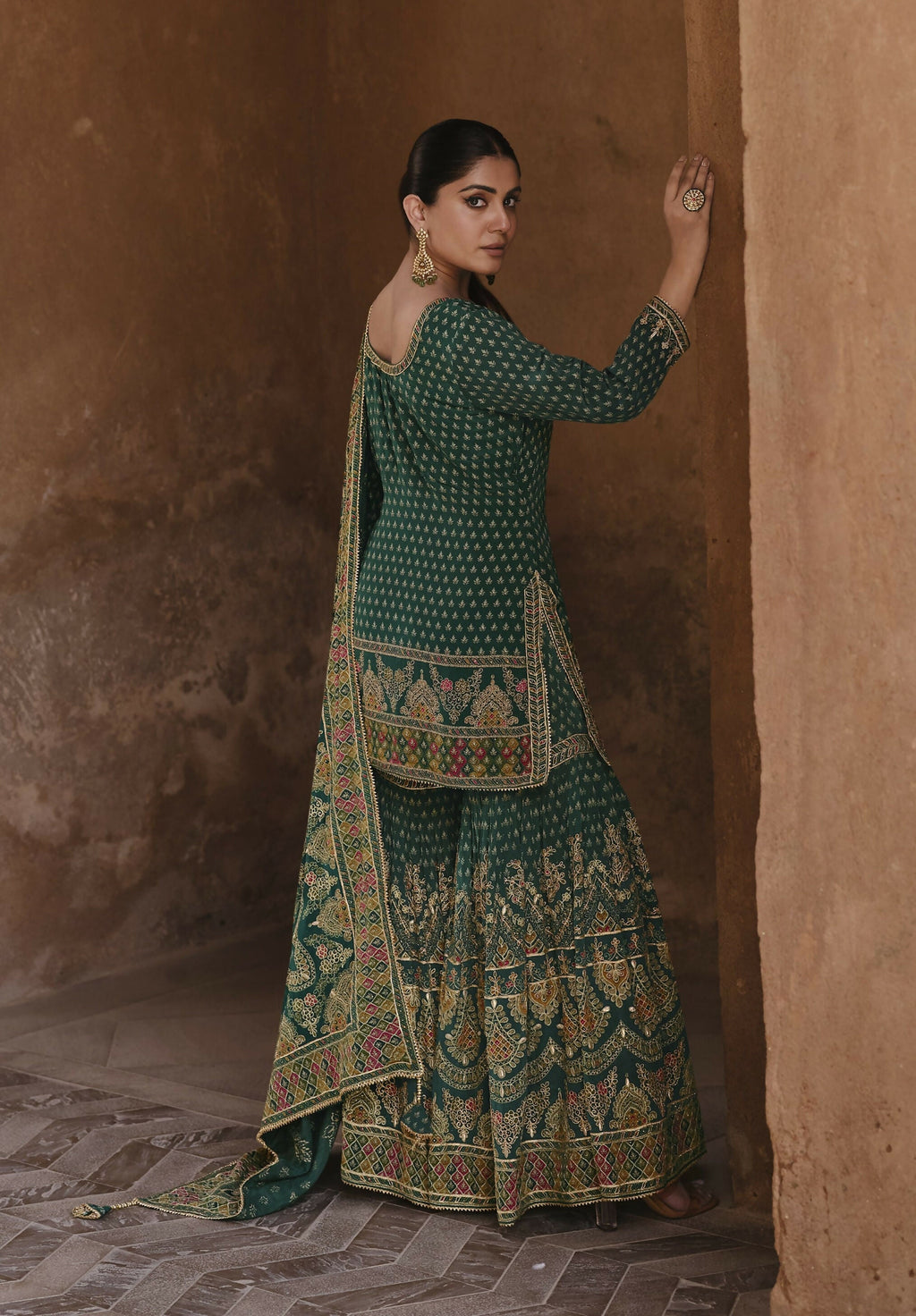 Anaita Dark-Green Silk Readymade Palazzo Suit with Swarovski Work - Distacart