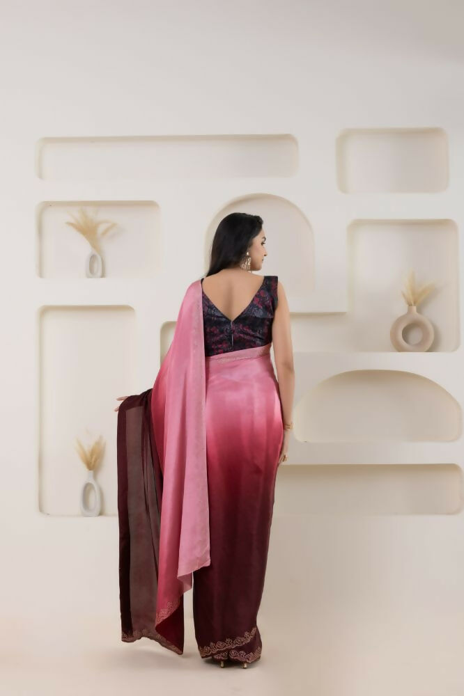 Pink Satin Pedding Designer, Printed Party Wear Ready To Wear Saree - Femina