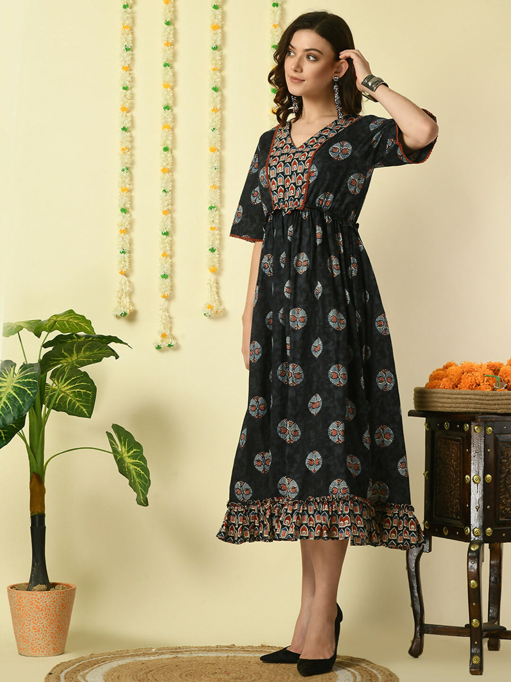 Myshka Women's Black Printed Cotton Party Dress - Distacart