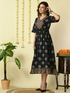 Myshka Women's Black Printed Cotton Party Dress - Distacart