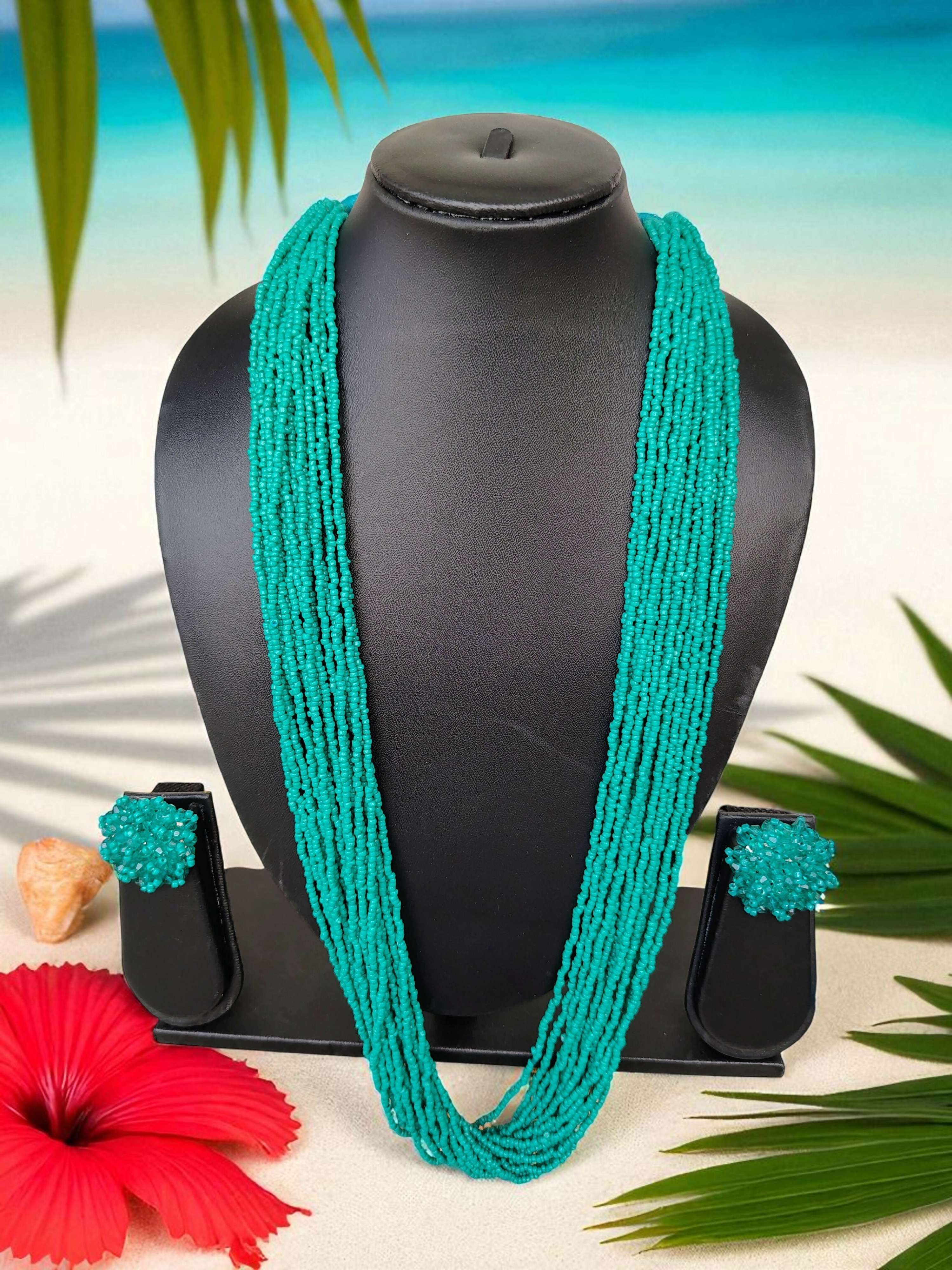 Inhanns Rangsaaz 20-Layer Luxe Long Beaded Necklace (With Optional Statement Earrings) - Sea Green With Earring