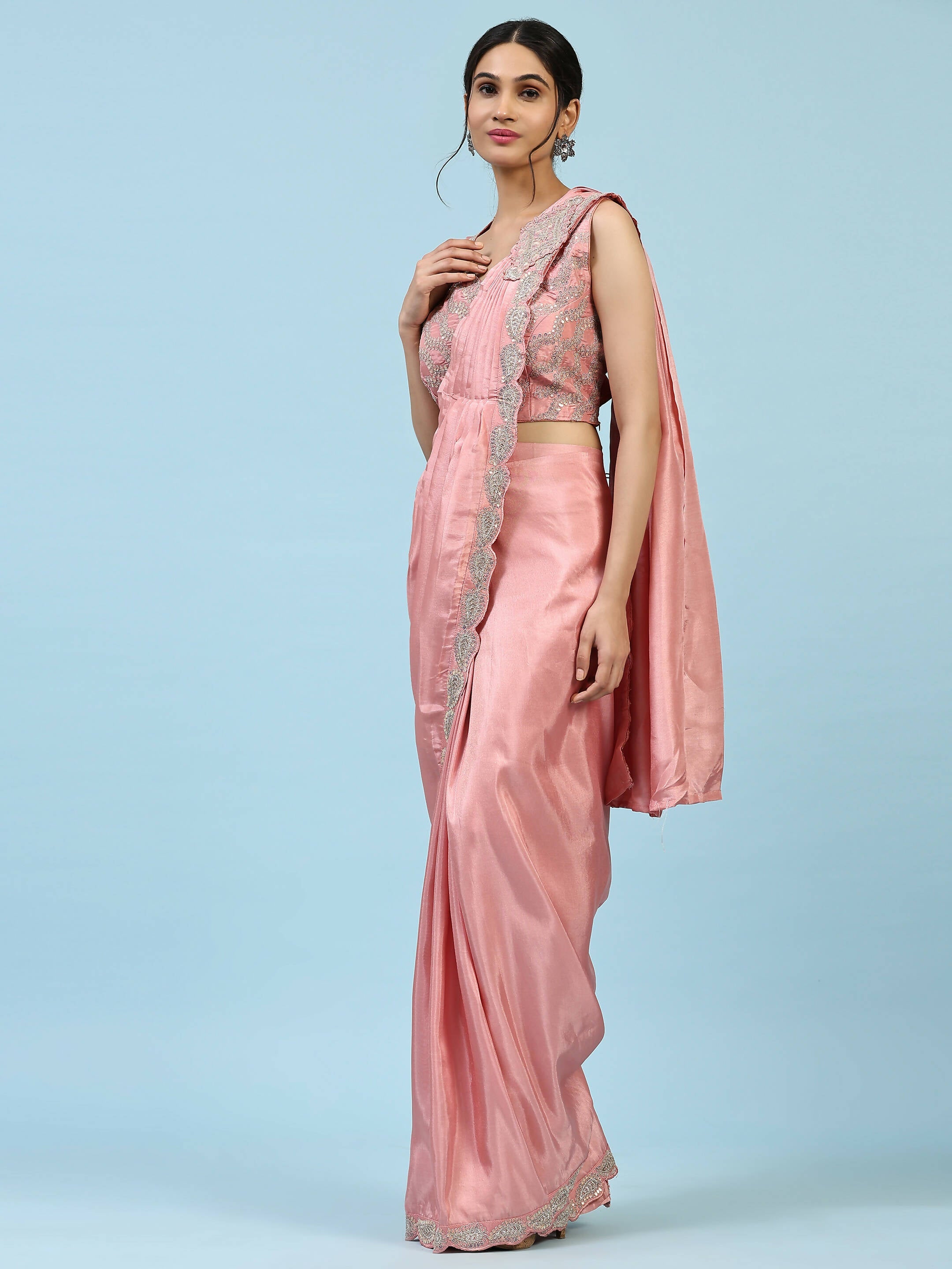 Peach Silk Satin Plain Ready to wear Saree with stitched Blouse - Vrinda