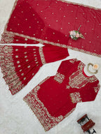 The52 Women's Beautiful Faux Georgette Fabric Embroidery Work Straight Kurt Sharara and Dupatta Set - Distacart