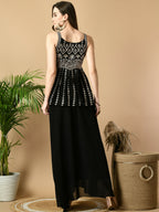 Myshka Women's Black Georgette Top With Skirt Party Sets