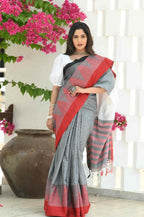 Beatitude Grey Temple Border Cotton Saree