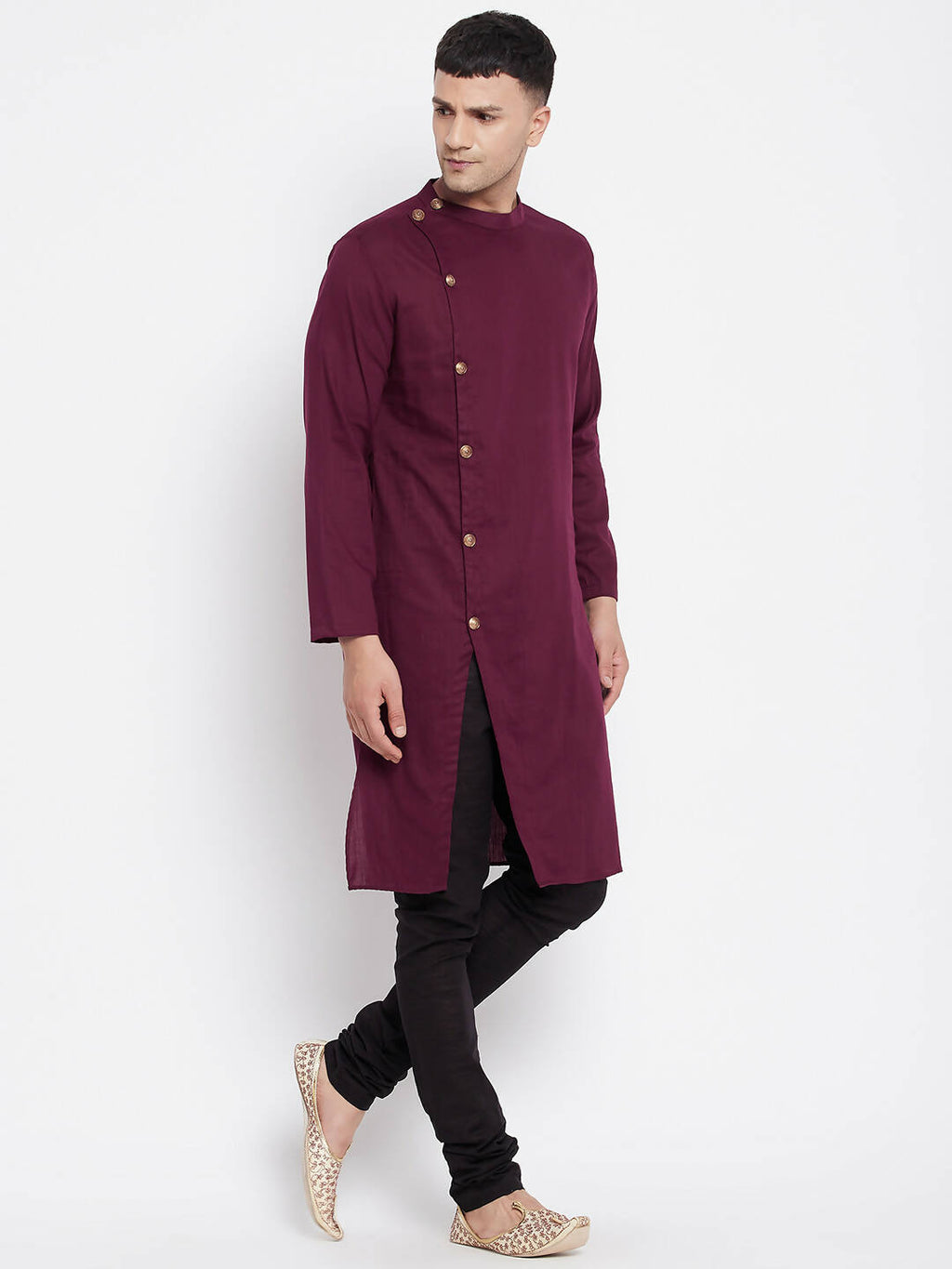 Even Apparels Maroon Pure Cotton Men's Sherwani Kurta With Asymetrical Cut - Distacart