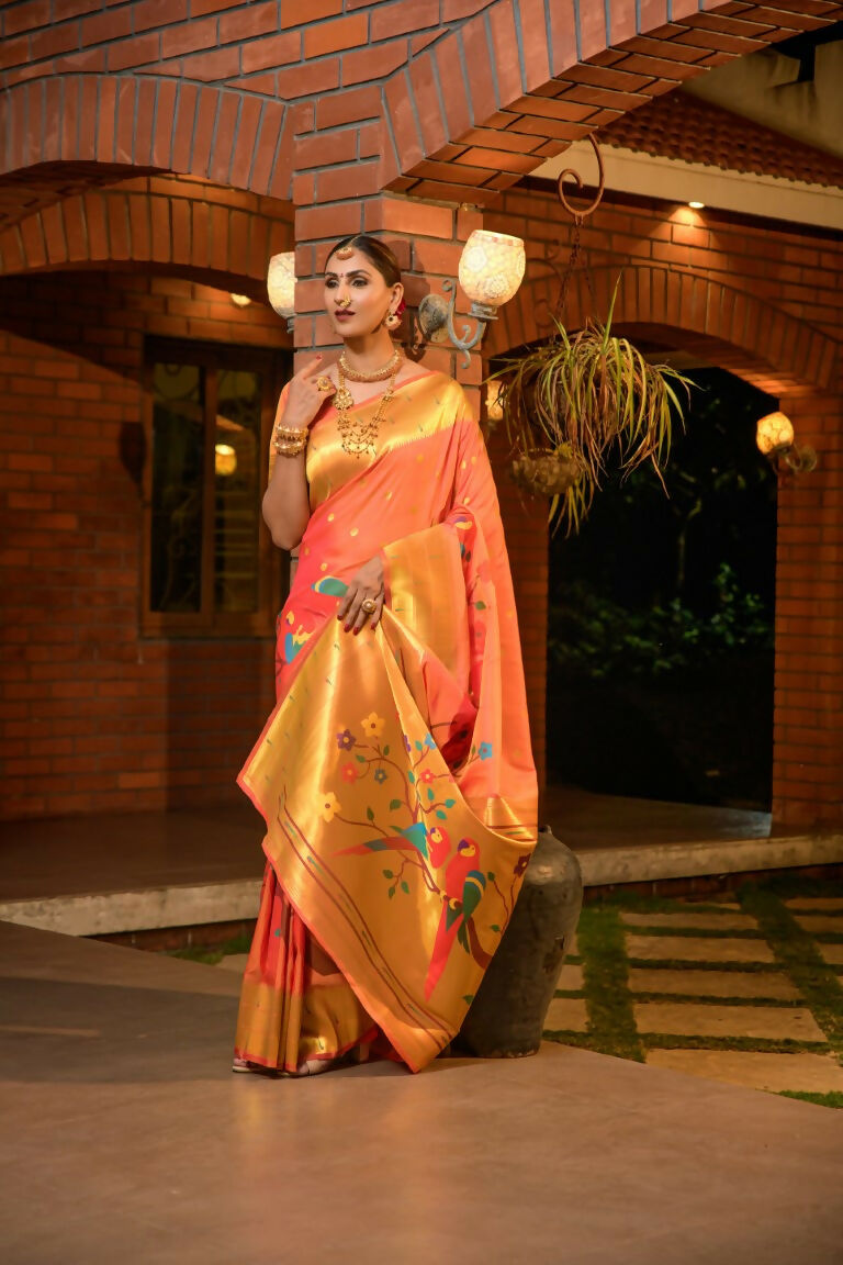 Jyoti Fashion Women's Orange Paithani Silk Zari Woven Saree with Blouse
