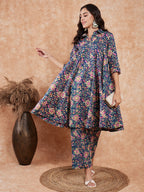 InWeave Women's Blue Green Pink Floral Print Flared Kurta Pant Set - Distacart